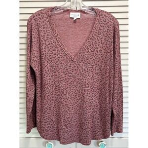 Studio B‎ Cheetah Knit Sweater V Neck Long Sleeve Size L  Soft Dusty Rose